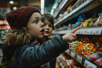 Closeup of two children in supermarket pointing with finger on candy shelf, choosing sweets to buy