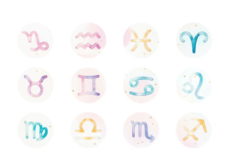 水彩で描いたかわいいふんわりとした１２星座のアイコンセット