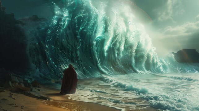 Moses parting the Red Sea with dramatic waves.