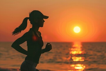 A silhouette of a female runner is seen jogging along the beach during a scenic sunset, symbolizing health and activity