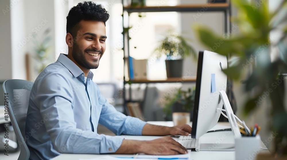 Poster Smiling young middle eastern businessman sitting at worktable at modern office typing on computer keyboard sending emails to his business partners working on marketing research copy sp : Generative AI