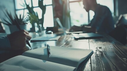 Obraz premium Team job Photo young businessmans crew working with new startup project in modern loft Generic design notebook on wood table Horizontal film effect : Generative AI