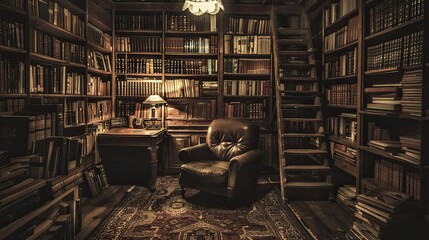 Cozy vintage library room with shelves full of books, an armchair, desk, lamp, and a ladder under warm lighting. Perfect for reading and study.