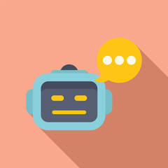 Flat design illustration of a friendly robot avatar with a chat speech bubble on a soft, peachtoned backdrop