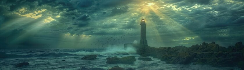 Dramatic image of a lighthouse with beams of sunlight breaking through stormy clouds, illuminating the turbulent sea and rocky coast.