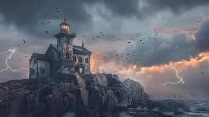 Fototapeta premium Dramatic coastal lighthouse during a thunderstorm, illuminated against a stormy sky with lightning and a flurry of birds in flight.
