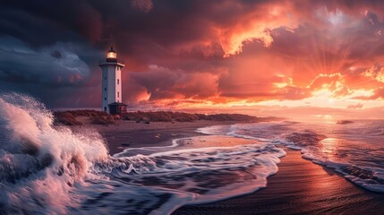 Dramatic sunset over a serene lighthouse by the ocean. Waves crashing on the shore, creating a picturesque coastal view with vibrant hues.