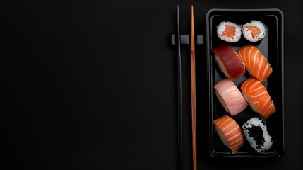Tray sushi salmon varieties for delivery sashimi onigiri sushi Jhow sakemaki and uramaki philadelphia with shoyu and chopsticks on a blackbackground : Generative AI - Powered by Adobe