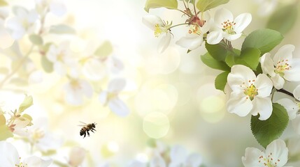 Obraz premium A flying bee pollinates white flowers of the apple blossoms in Spring Blurred nature background : Generative AI