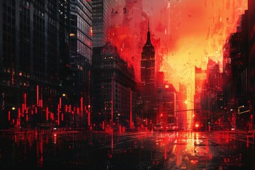 Fototapeta premium Futuristic urban scene with red neon lights reflecting on wet streets, evoking a sense of mystery and cyberpunk essence