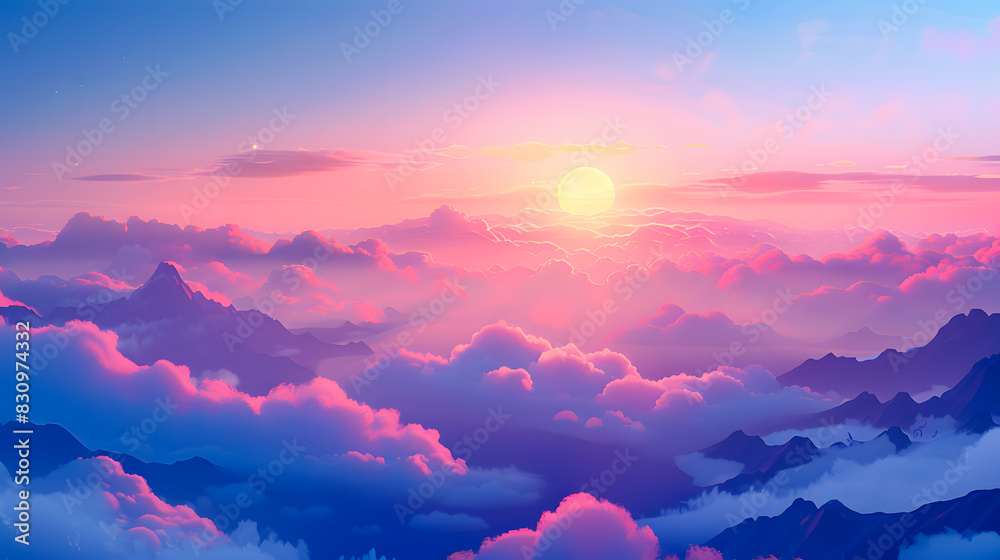 Poster 3d render, abstract fantasy background of colorful sky with neon clouds