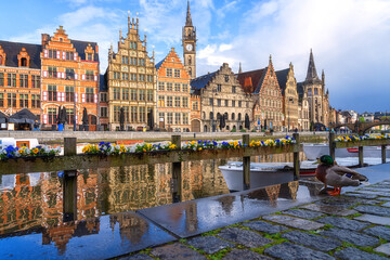 Scenic view of the historical city center of Ghent (Gent), Belgium. Beautiful cityscape with...