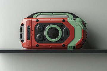 Fototapeta premium Red and green rugged portable radio on shelf