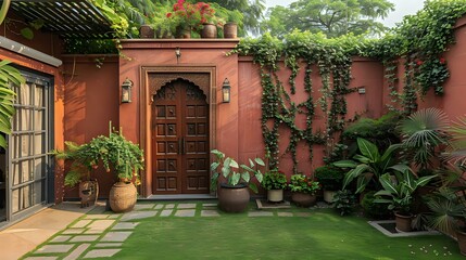 an outdoor wall with main gate of a house having a mini lawn and some pots of beautiful plants