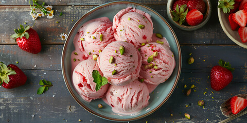 A bowl of strawberry ice cream with velvety texture