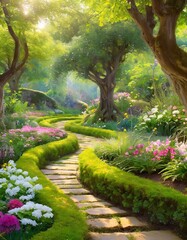 japanese garden with flowers and trees.A whimsical secret garden with winding pathways and blooming flowerbeds, nestled under ancient trees