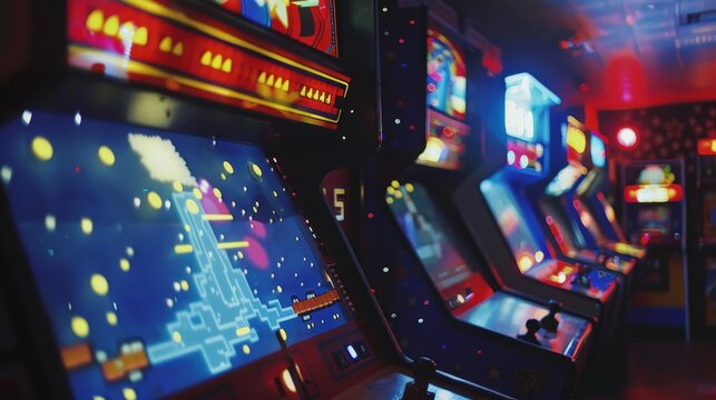 A row of arcade games with a neon blue and red background