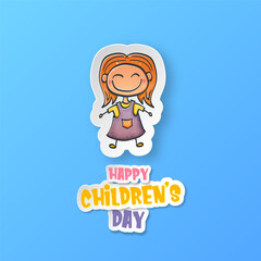 World childrens day background with little funny cute girl isolated on blue background. Vector happy world childrens day poster concept with funny cartoon smiling child