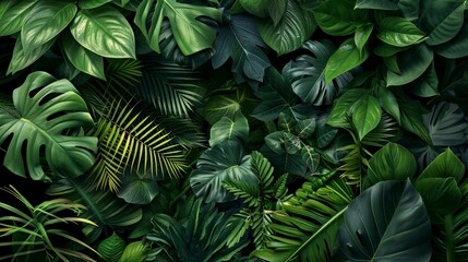 A lush green jungle with many different types of leaves and plants