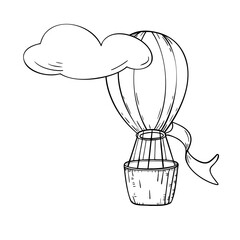 Hot air balloon and cloud of black and white contour vector illustration isolated. Balloon silhouette with basket and a ribbon. Retro airship simple coloring. Air transport graphic drawn