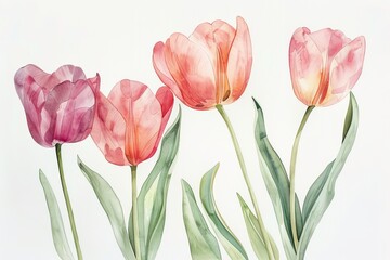 Fototapeta premium Watercolor painting of pink tulips with green leaves, showcasing delicate floral beauty and artistic elegance in vibrant pastel shades.