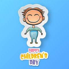 1 june international childrens day background with little funny boy isolated on blue background. Vector happy international children's day poster concept with funny cartoon smiling child