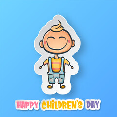 1 june international childrens day background with little funny boy isolated on blue background. Vector happy international children's day poster concept with funny cartoon smiling child