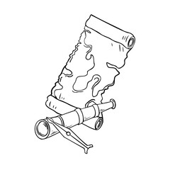 Aged map, spyglass in black white contour vector illustration isolated. Rolled up map papyrus silhouette hand drawn in ink. Compass needle hand graphic. Element for airplane collection