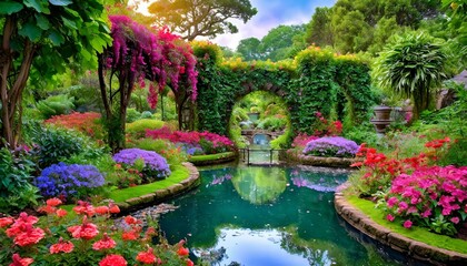 A beautiful, mystical garden filled with colorful flowers, arches of vines, and serene ponds reflecting the greenery