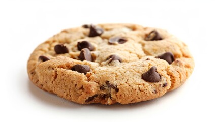 A single chocolate chip cookie on a white background.

