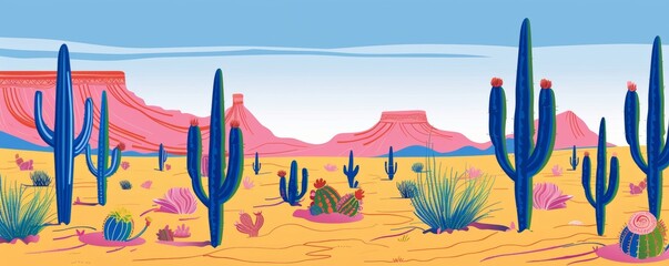 Colorful desert with cacti blue sky and distant mesa