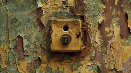 A rusted old phone booth with a keyhole and a small dial