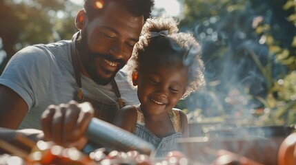 Close-up of father and daughter in the backyard preparing a family barbecue. - Powered by Adobe
