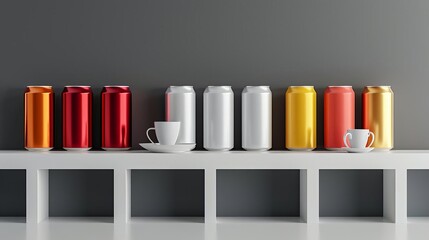Fototapeta premium Assortment of colorful aluminum cans on a white shelf with two white cups.