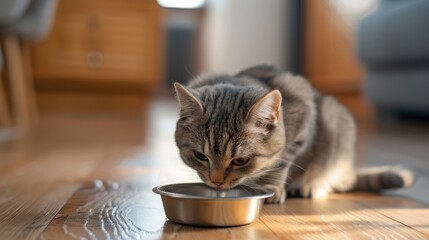 Cute striped British gray cat eating from a bowl on a wooden floor Adorable purebred kitten in a...