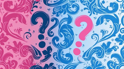 Ornate seamless pattern with pink and blue question marks.

