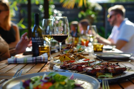 The image captures a blurred dining scene outdoors with focus on a grilled meal and wine, conveying leisure and gastronomy