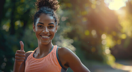 Portrait of a happy young woman doing a thumbs up with copy space, wearing sportswear and smiling while showing a hand gesture in nature. - Powered by Adobe