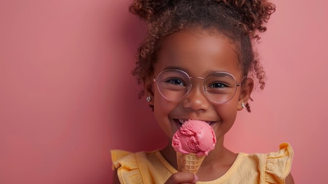 Smiling black girl eating ice cream