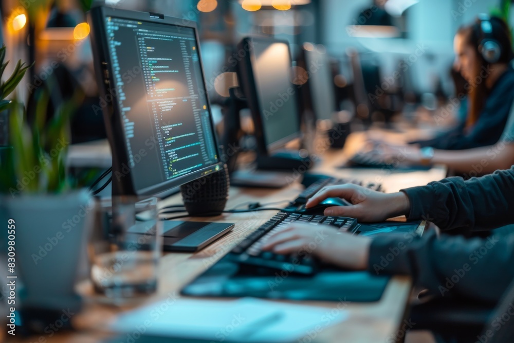 Poster a focused programmer types on a keyboard with code on the monitor in a modern office at night