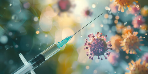 Macro Image of Needle Injecting Blue and Purple Cancer Cell, Highlighting Vaccine Injection with Syringe and Virus Models on a World Map for World Immunization Week
