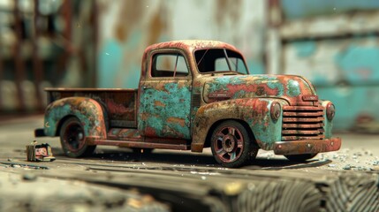 A rusted old truck with a blue and red paint job sits on a concrete slab