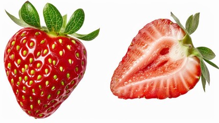 Whole and halved strawberries with leaves, isolated on a white background.

