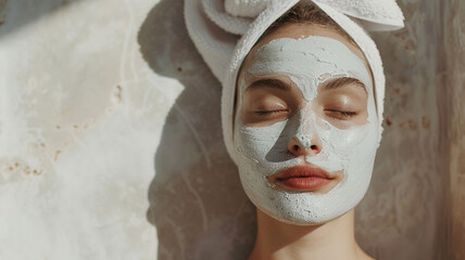 A beautiful woman is applying a face mask of white clay for a skin care treatment and to achieve a healthy glow
