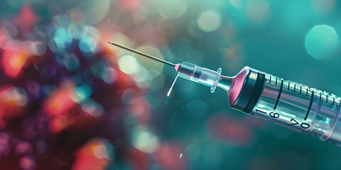 Macro Image of Needle Injecting Blue and Purple Cancer Cell, Highlighting Vaccine Injection with Syringe and Virus Models on a World Map for World Immunization Week