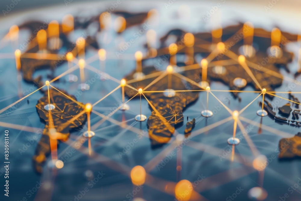 Poster close-up image of a global network overlaying a stylized world map with illuminated connections and 