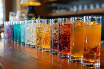 Row of iced beverages on a bar counter.