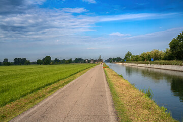 Landscape along the cycleway of Naviglio Grande, Milan, Italy