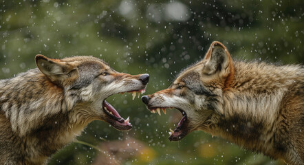 two wolves with wide open mouths, in aggressive poses, facing each other, with a forest background