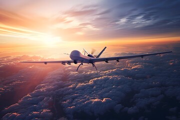 Naklejka premium Aerial Reconnaissance Drone Soaring Above Dramatic Sunset Skies